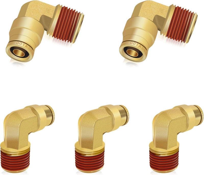 Siptenk 3/8" Elbow DOT Brass Push to Connect Air Line Fittings 5 PCS, 3/8" OD Tube x 3/8" NPT Thread Air Brake Line Quick Connect Fittings for Truck Trailers Industry Air System - Image 1